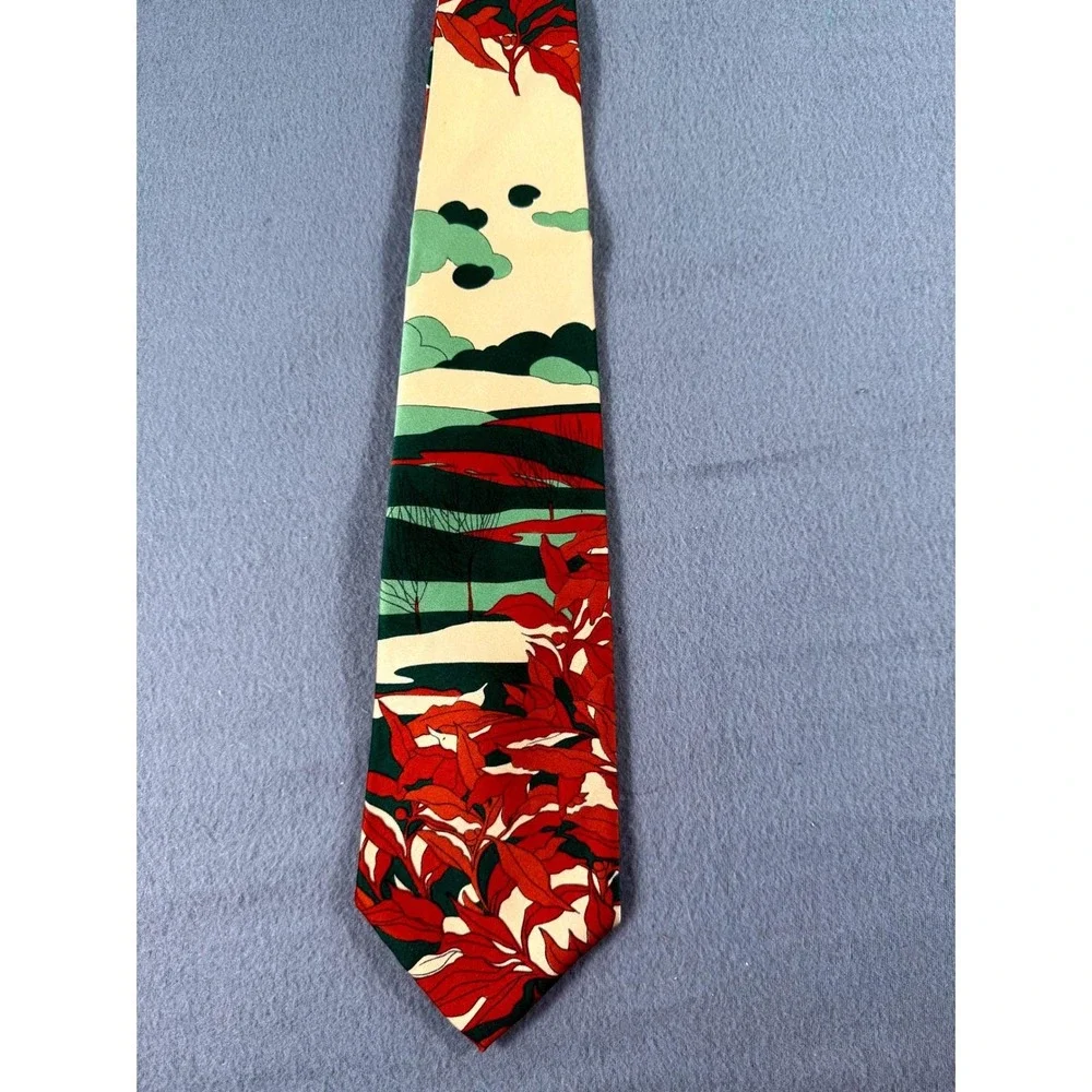 Vintage Prince Igor by Burma Silk Tie Tropical Leaf Print Green Red Neckwear 80s